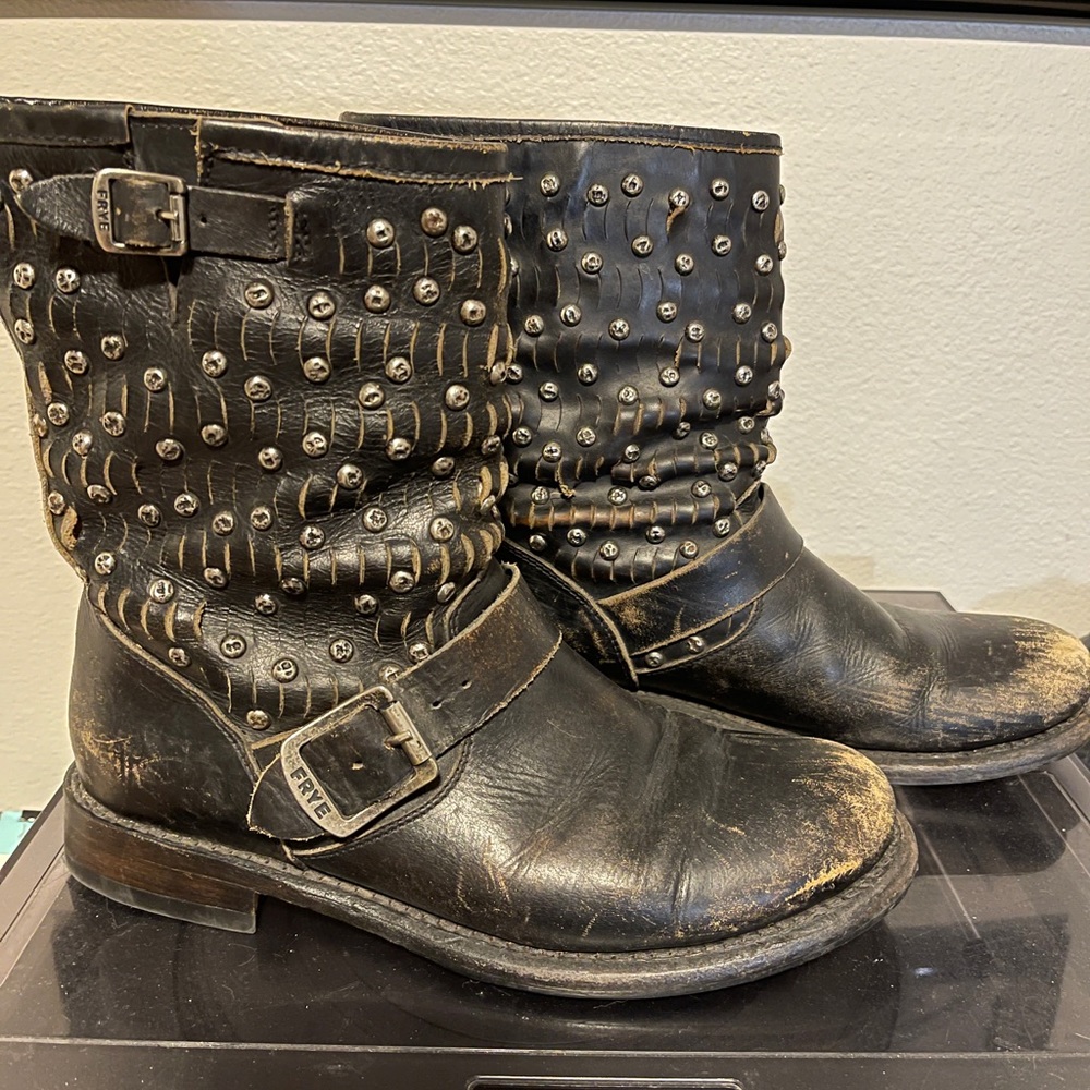 Frye Black Distressed Jenna Studded Short Boots